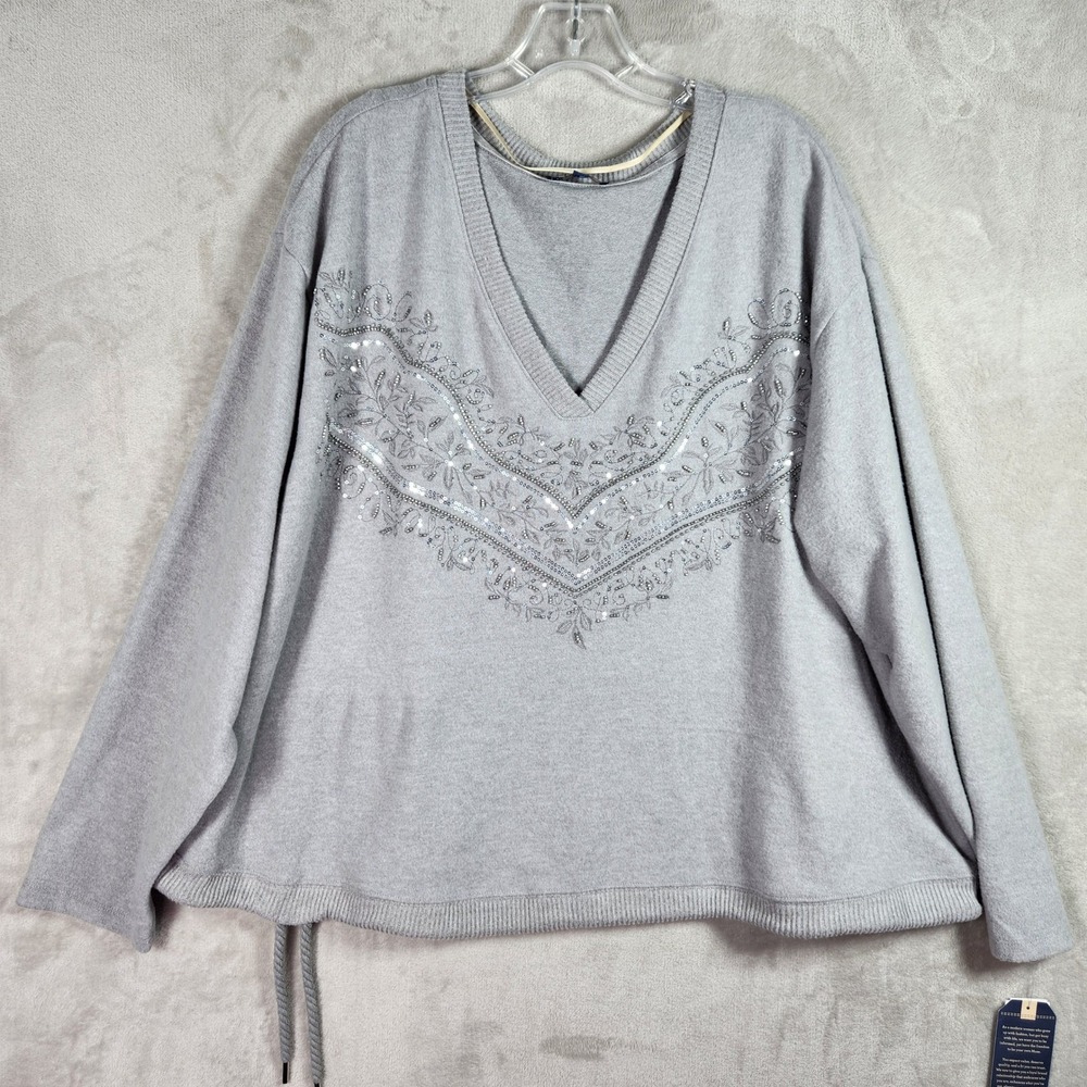 Democracy Pullover Sweater Womens 2X Gray Sequin Embroidered Floral Boho Casual‎